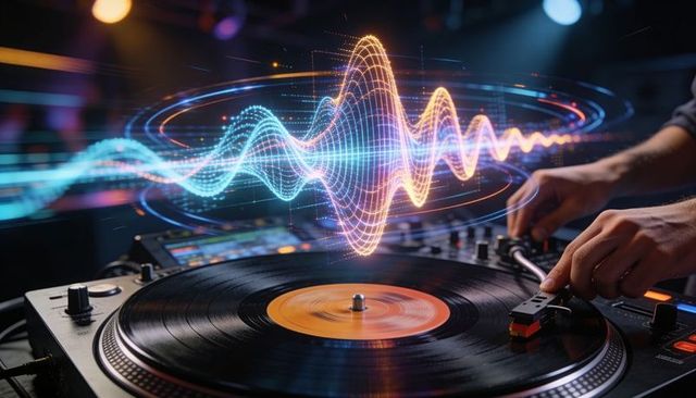 Dj turntable spinning vinyl, lowering tonearm, holographic soundwave syncing to mixer