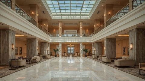 Elegant hotel lobby with grand skylight ceiling and marble floors