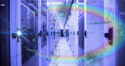 Mathematical Equations Overlaying Data Center with Light Effects
