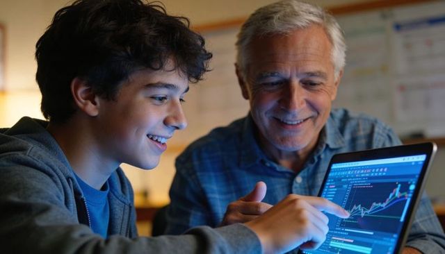 Teen pointing at stock chart while grandfather smiling and teaching on laptop at home