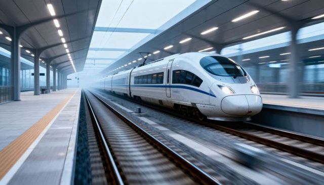 High-speed train gliding through modern station platform with motion blur and sleek design
