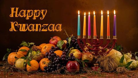 Glowing Kwanzaa Kinara Featuring Seven Lit Colorful Candles and Rustic Harvest Centerpiece