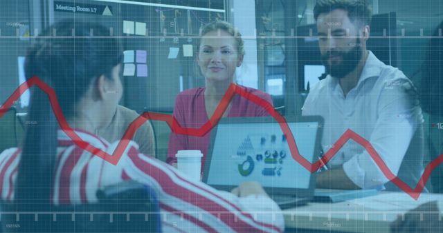 Group of professionals discussing data shown on laptop screen with graphs and charts overlay. Ideal for business presentations, corporate materials, teamwork concepts, and articles on data analysis and strategic planning.