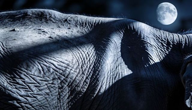 Moonlit elephant back showing wrinkled skin and dramatic shadow textures