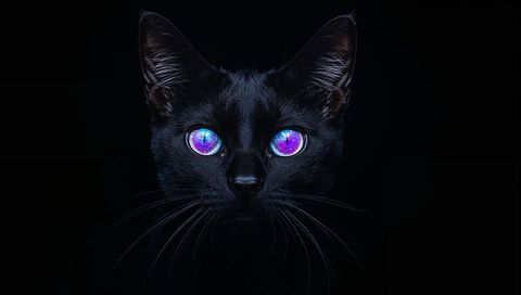 Black cat with iridescent purple-blue eyes staring in minimalist low-key studio portrait