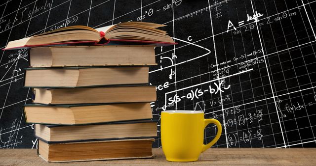 Books stacked next to vibrant yellow mug on a wooden table with mathematical equations on blackboard background is great for content on academics, exam preparation, education materials, and love for mathematics.