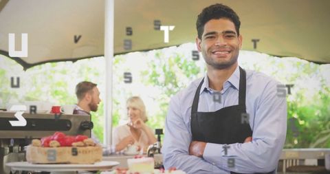 Smiling Barista Welcoming Customers at Outdoor Cafe