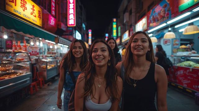 Three Friends Exploring Neon Night Market Walking Through Bustling Street Food Stalls
