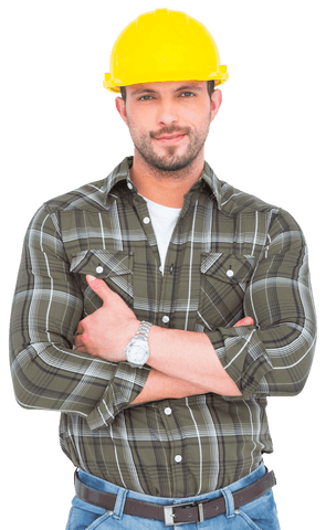 Smiling handyman with yellow hard hat transparent background