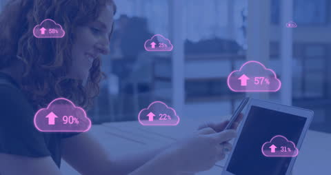 Woman Using Technology for Data Upload with Cloud Icons