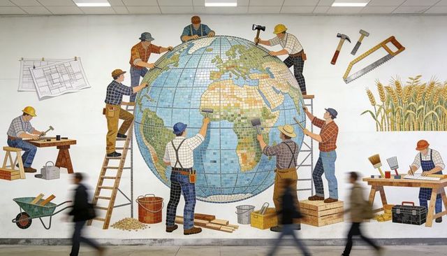 Construction workers painting mosaic globe mural on concourse wall with commuters walking