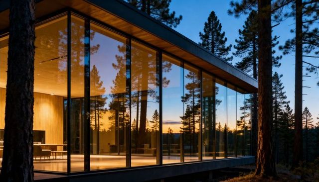 Glass-walled modern forest retreat at dusk with timber interior and panoramic views