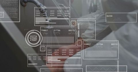 Lab technician washing laboratory instrument with data interface overlay