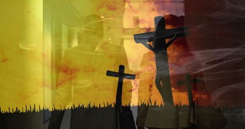 Colleagues walking in hallway with symbolic crosses and smoky atmosphere