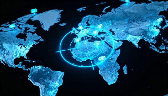 Holographic global network map showing radar reticle, floating data nodes, telemetry