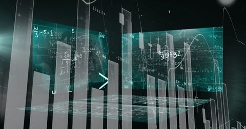 Futuristic Holographic Bar Chart with Math Equations in Digital Space