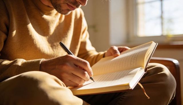 Man journaling in sunlit room wearing mustard sweater holding pen over hardcover notebook