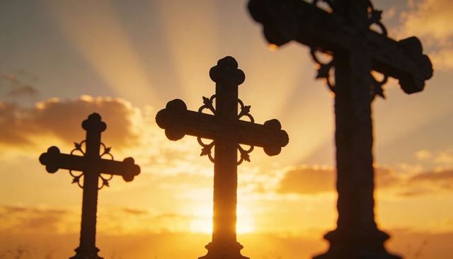 Silhouetting ornate iron crosses against golden sunset rays for spiritual remembrance and hope