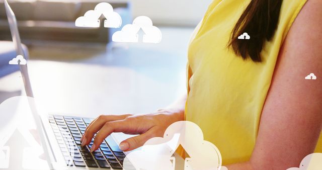 Woman Working on Laptop with Cloud Storage Concept Graphics - Download Free Stock Images Pikwizard.com