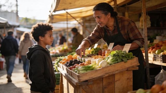 Vendor offering fresh organic produce to child at sunlit farmers market stall