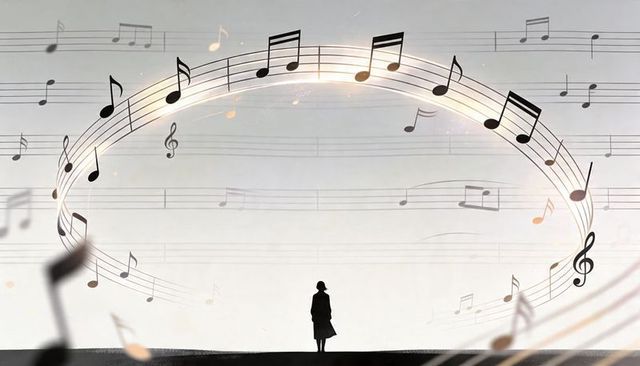 Silhouette woman facing luminous arc of floating musical notes and treble clef, monochrome music con