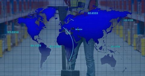 Traveler using tablet with global map overlay in airport