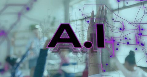 Ai classroom showcasing students raising hands with purple circuit interactive interface