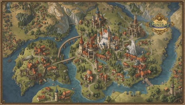Isometric island kingdom map showing fortified castle complex, bridges, harbors, towers
