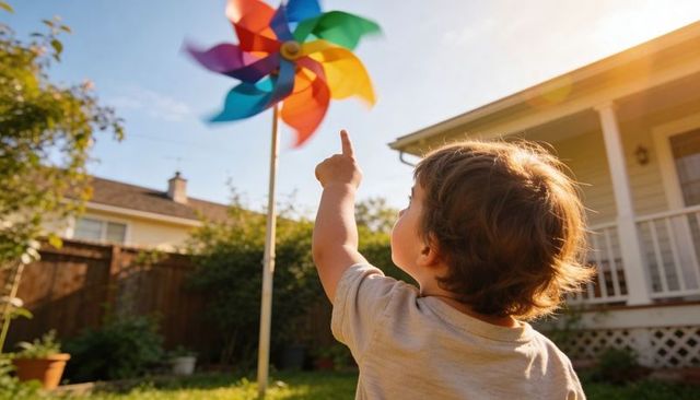 Toddler Pointing at Spinning Colorful Pinwheel in Sunlit Suburban Backyard Summer Afternoon
