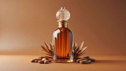 Elegant sandalwood perfume bottle with ornate stopper and nature elements