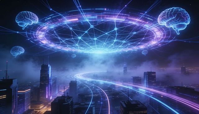 Holographic neural network ring hovering over cyberpunk city skyline at night