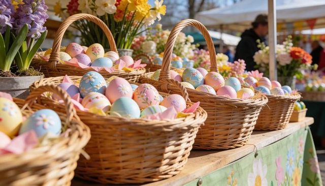 Wicker baskets holding pastel hand-painted easter eggs at sunny spring market