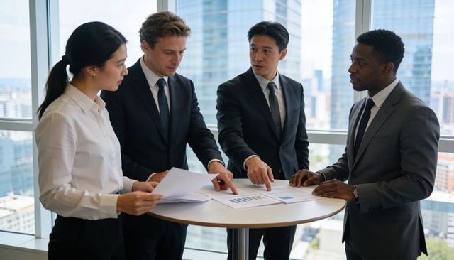 Executive Team Reviewing Financial Charts in High-Rise Office Collaborating on Strategy