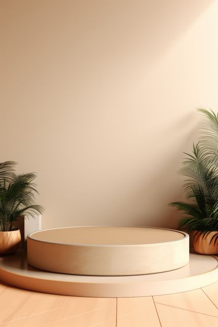 Minimalist Beige Room with Round Podium and Potted Plants - Download Free Stock Images Pikwizard.com