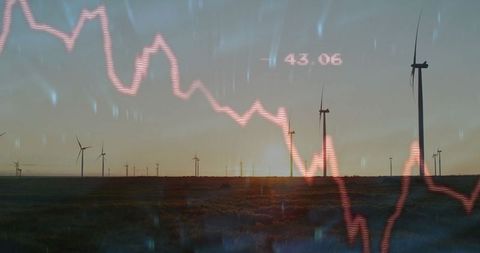 Wind Turbines in Sunset with Economic Graph Overlay Symbolizing Energy Trends