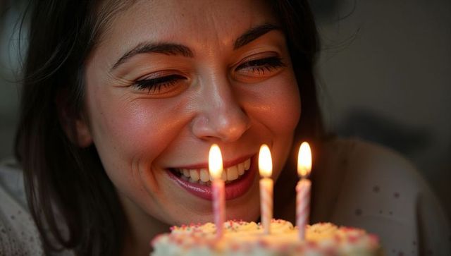 Smiling woman leaning toward birthday cake with three lit candles closeup portrait