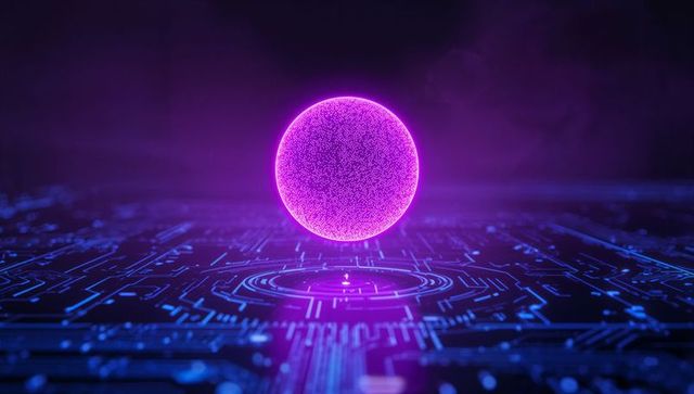 Holographic Purple Sphere Floating Over Futuristic Circuit Board