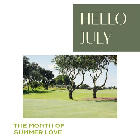 Summer golf course with july text overlay and blue sky