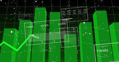 Visualizing Green 3D Bar Chart with Holographic Data Panels and Network Grid