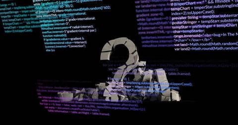 Fractured stone ring sculpture with neon code projection, futuristic abstract technology