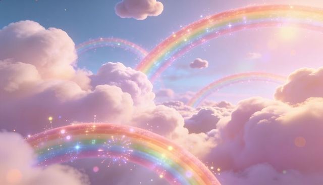 Floating pastel cloudscape with sparkling rainbow arcs and ethereal sunrise glow