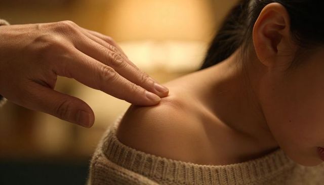 Gentle fingertip touching shoulder of woman in cozy knit sweater under warm lamp glow