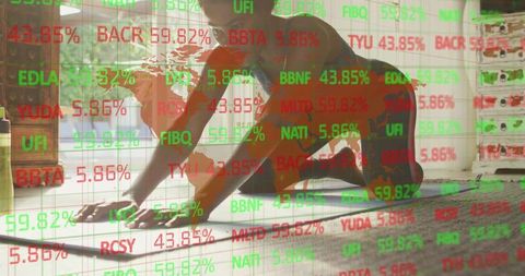 Woman stretching on yoga mat with financial ticker overlay tracking market trends