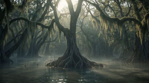 Mystical Cypress Swamp with Spanish Moss and Aerial Roots
