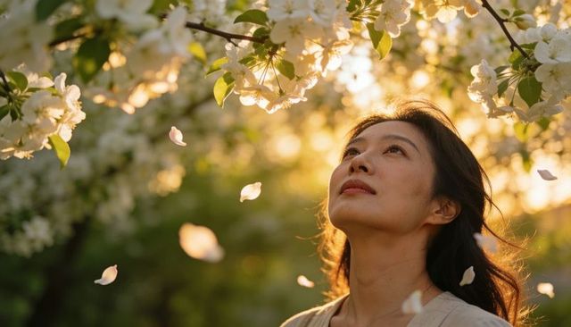 Asian woman gazing through white spring blossoms at golden hour soft light, falling petals