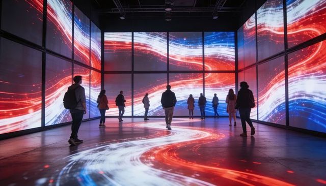 Visitors exploring immersive led light installation with red white blue motion trails