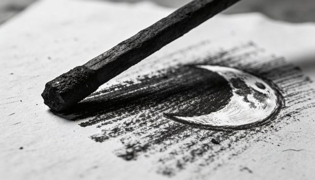 Resting charcoal stick creating crescent moon sketch on textured paper monochrome closeup