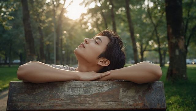 Asian man relaxing on park bench at golden hour, serene backlit portrait of calm and reflection