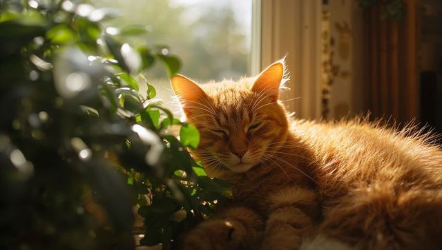 Curling orange tabby basking in warm sunbeam on windowsill with lush green plant in cozy soft light
