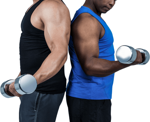 Transparent fitness concept with dumbbells demonstrated by friends